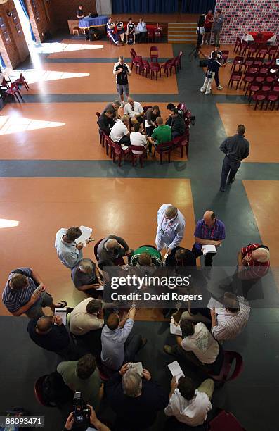 Tom Croft who has been selected to play for the Lions against the Golden Lions is surrounded by journalists at the press conference held prior to the...