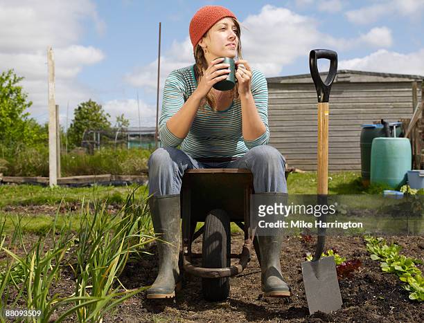 young woman sitting in wheelbarrow in allotment - norfolk england stock pictures, royalty-free photos & images
