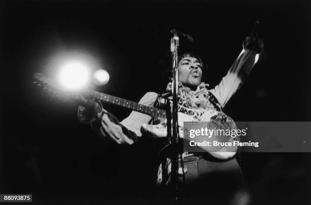 American rock guitarist Jimi Hendrix performing with The Jimi Hendrix Experience at the Monterey Pop Festival, California, 18th June 1967.