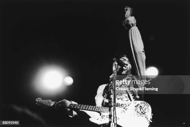 American rock guitarist Jimi Hendrix performing with The Jimi Hendrix Experience at the Monterey Pop Festival, California, 18th June 1967.