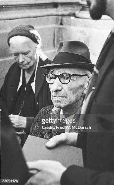 American author, journalist, and social activist Dorothy Day sits with Dutch-born American social and political activist A.J. Muste at an Anti-Draft...
