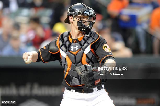 Matt Wieters of the Baltimore Orioles throws the ball to second base against the Detroit Tigers on May 29, 2009 at Camden Yards in Baltimore,...