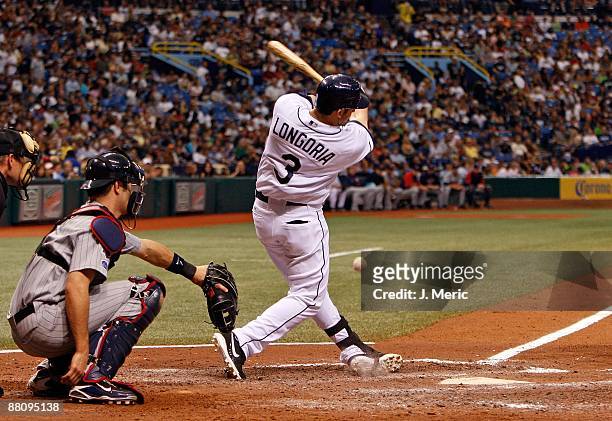 Infielder Evan Longoria of the Tampa Bay Rays fouls off a pitch against the Minnesota Twins during the game at Tropicana Field on May 30, 2009 in St....
