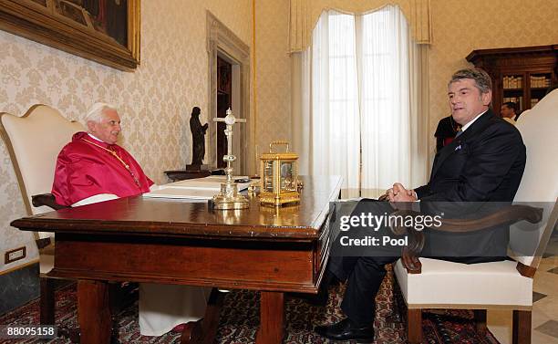 Pope Benedict XVI meets Ukrainian President Victor Yushchenko at his private library on June 1, 2009 in Vatican City.