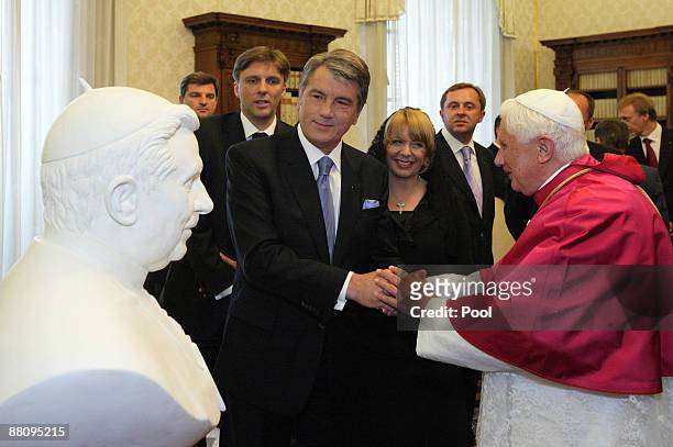 Pope Benedict XVI meets Ukrainian President Victor Yushchenko and his wife Kateryna Mykhailiva Yushchenko at his private library on June 1, 2009 in...