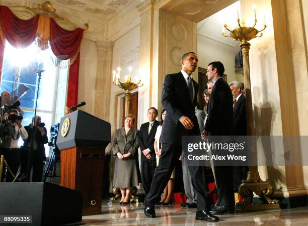 President Barack Obama leaves after he spoke about the Chapter 11 bankruptcy filing by General Motors as Chair of the Council of Economic Advisers...