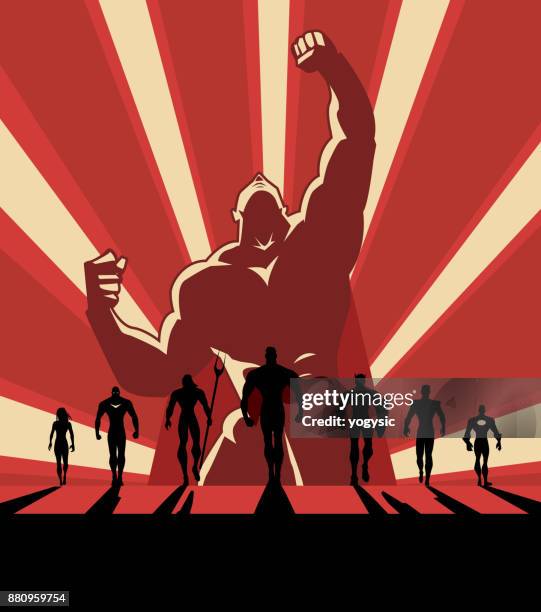 vector propaganda style superhero team illustration - superhero shield stock illustrations