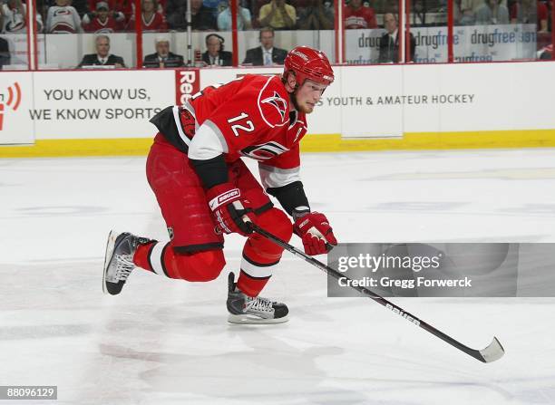 Eric Staal of the Carolina Hurricanes skates for position on the ice during Game Four of the Eastern Conference Championship Round of the 2009...