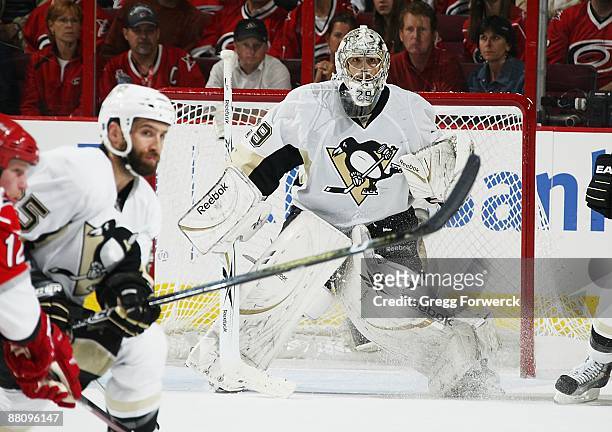 Marc-Andre Fleury of the Pittsburgh Penguins stands tall in the crease during Game Four of the Eastern Conference Championship Round of the 2009...
