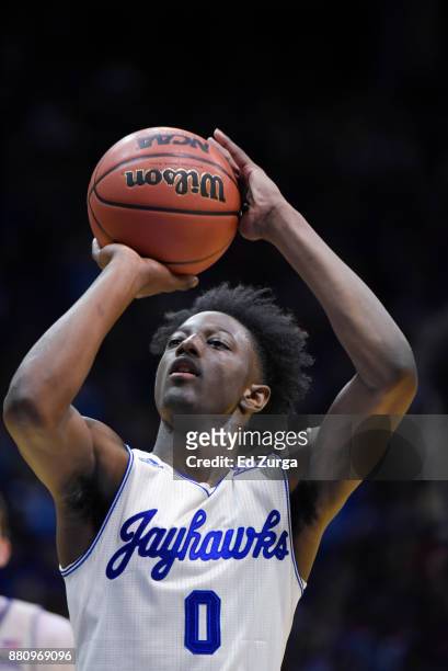 Marcus Garrett of the Kansas Jayhawks in action against the Texas Southern Tigers at Allen Fieldhouse on November 21, 2017 in Lawrence, Kansas.