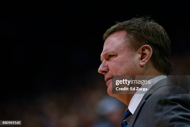 Head coach Bill Self of the Kansas Jayhawks watches his team against the Texas Southern Tigers at Allen Fieldhouse on November 21, 2017 in Lawrence,...