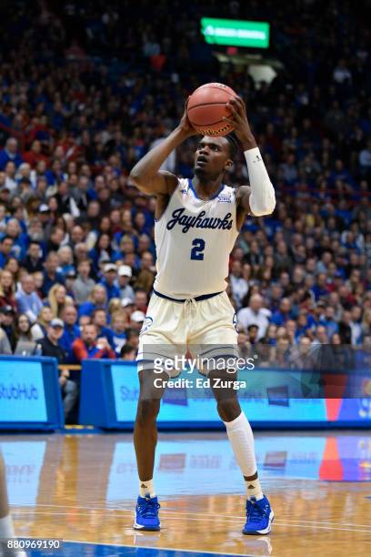 Lagerald Vick of the Kansas Jayhawks shoots against the Texas Southern Tigers Tigers at Allen Fieldhouse on November 21, 2017 in Lawrence, Kansas.