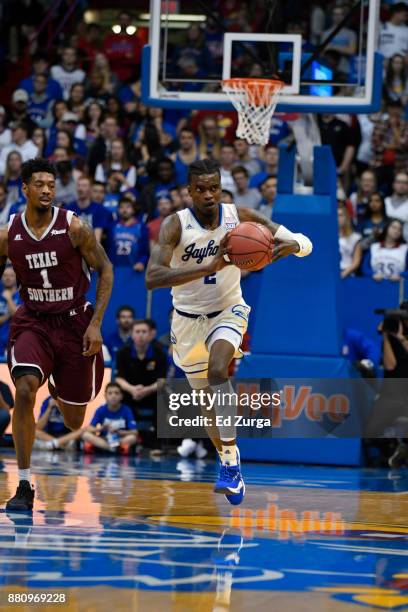 Lagerald Vick of the Kansas Jayhawks in action against the Texas Southern Tigers Tigers at Allen Fieldhouse on November 21, 2017 in Lawrence, Kansas.