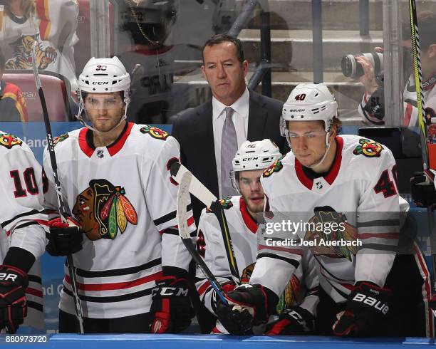 Assistant coach Kevin Dineen of the Chicago Blackhawks looks on during action against the Florida Panthers at the BB&T Center on November 25, 2017 in...