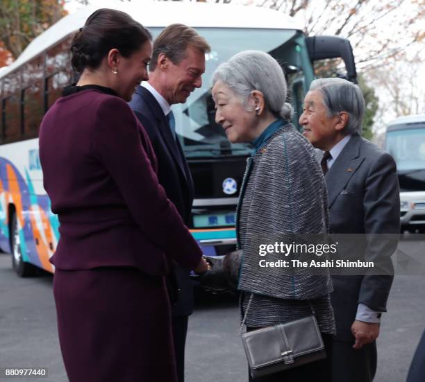 Grand Duke Henri of Luxembourg and his daughter Princess Alexandra of Luxembourg are seen off by Emperor Akihito and Empress Michiko at the Japan...