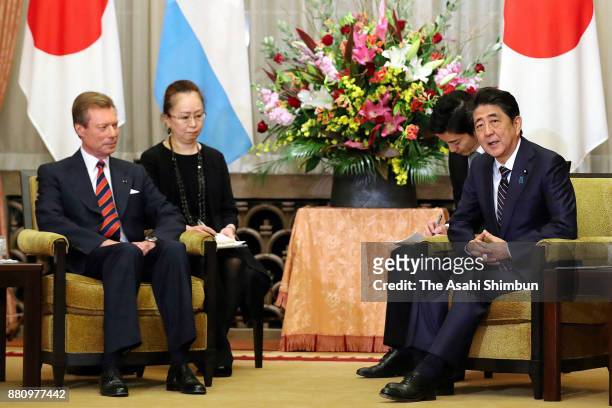 Grand Duke Henri of Luxembourg and Prime Minister Shinzo Abe hold talks at Abe's official residence on November 28, 2017 in Tokyo, Japan.