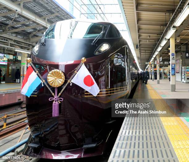 The special train for the royal family carrying Grand Duke Henri of Luxembourg and his daughter Princess Alexandra of Luxembourg to Tsukuba is seen...
