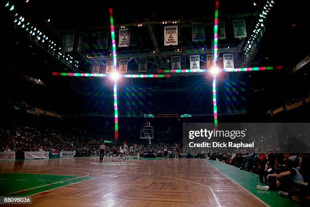 Full court view from base line during an NBA game played in 1984 at the Boston Garden in Boston, Massachusetts. NOTE TO USER: User expressly...