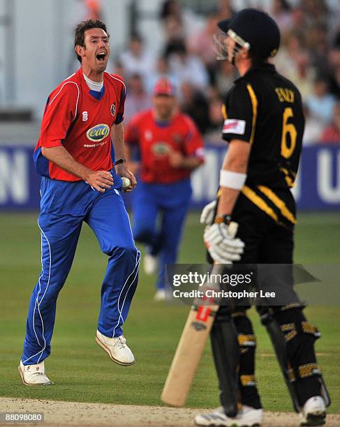 David Masters of Essex celebrates taking the wicket of Joe Denly of Kent during the Twenty20 match between Essex Eagles and Kent Spitfires at The...