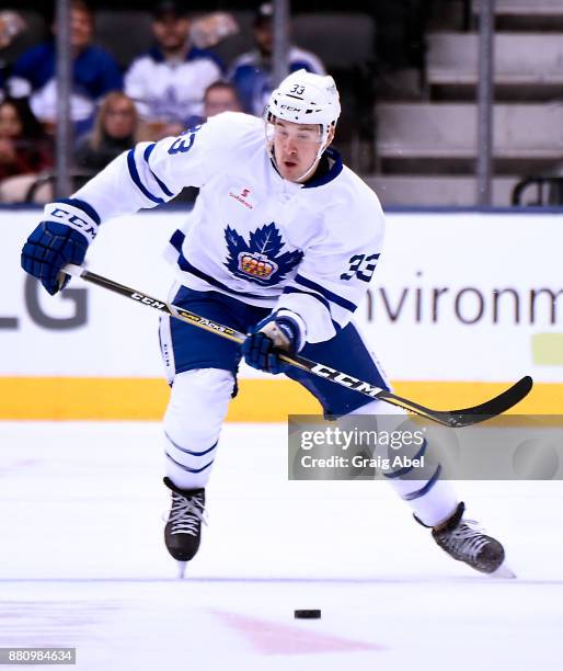 Frederik Gauthier of the Toronto Marlies controls the puck against the Belleville Senators during AHL game action on November 25, 2017 at Air Canada...