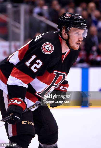 Jack Rodewald of the Belleville Senators prepares for a face-off against the Toronto Marlies during AHL game action on November 25, 2017 at Air...