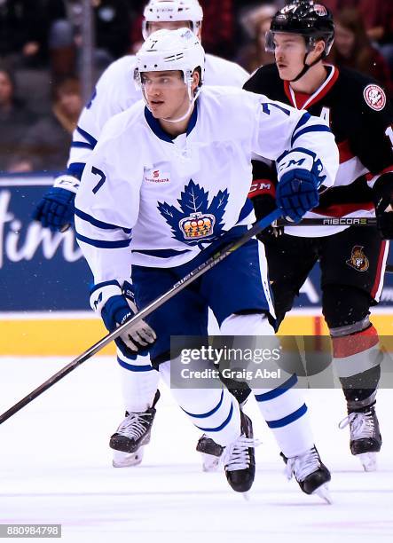 Timothy Liljegren of the Toronto Marlies skates up ice against the Belleville Senators during AHL game action on November 25, 2017 at Air Canada...