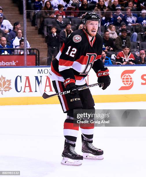 Jack Rodewald of the Belleville Senators watches the play develop against the Toronto Marlies during AHL game action on November 25, 2017 at Air...