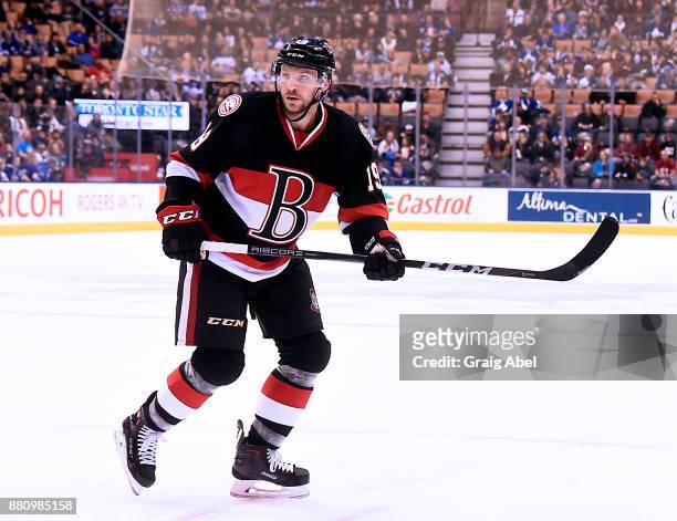 Max Reinhart of the Belleville Senators turns up ice against the Toronto Marlies during AHL game action on November 25, 2017 at Air Canada Centre in...
