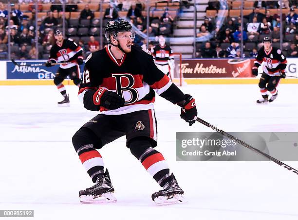 Jack Rodewald of the Belleville Senators turns up ice against the Toronto Marlies during AHL game action on November 25, 2017 at Air Canada Centre in...