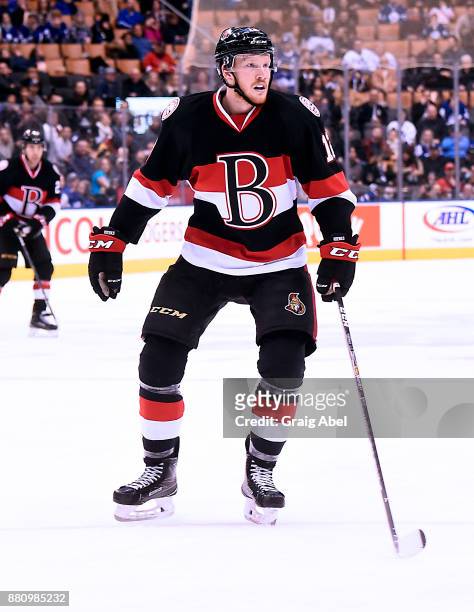 Jack Rodewald of the Belleville Senators watches the play develop against the Toronto Marlies during AHL game action on November 25, 2017 at Air...