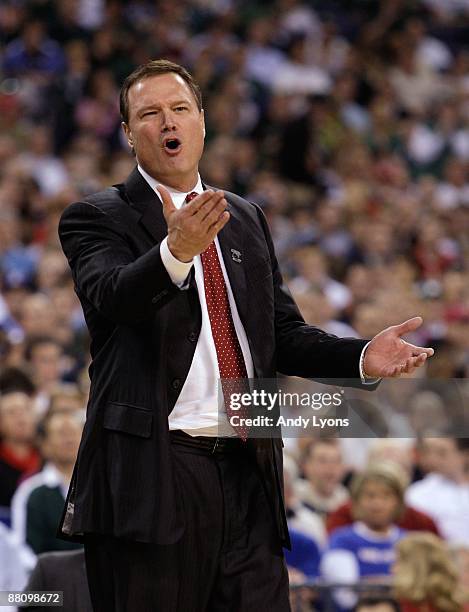 Head coach Bill Self of the Kansas Jayhawks reacts against the Michigan State Spartans during the third round of the NCAA Division I Men's Basketball...