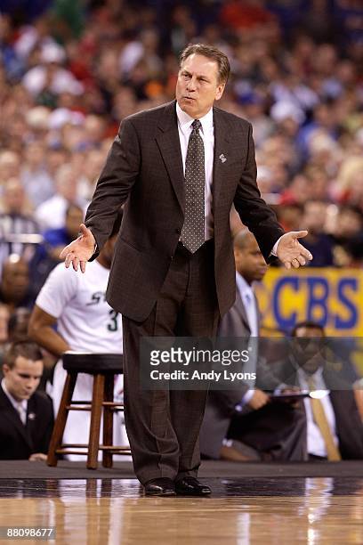 Head coach Tom Izzo of the Michigan State Spartans gestures as he reacts against the Kansas Jayhawks during the third round of the NCAA Division I...