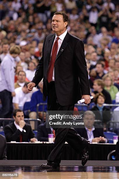 Head coach Bill Self of the Kansas Jayhawks paces the sideline against the Michigan State Spartans during the third round of the NCAA Division I...