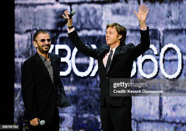 Ringo Starr and Sir Paul McCartney introduce the new video game "The Beatles: Rock Band" for the Microsoft XBox 360 at the E3 2009 gaming expo on...