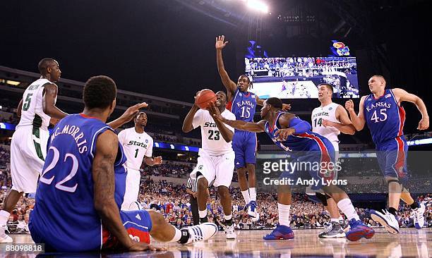 Draymond Green of the Michigan State Spartans looks to go up for a shot attempt against the Kansas Jayhawks during the third round of the NCAA...