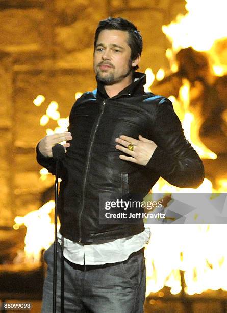 Actor Brad Pitt speaks onstage at Spike TV's 2009 "Guys Choice Awards" held at the Sony Studios on May 30, 2009 in Los Angeles, California.