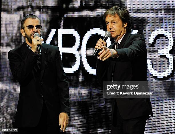 Musicians Paul McCartney and Ringo Starr introduce the new video game "The Beatles: Rock Band" at the Microsoft XBox 360 E3 2009 gaming expo new...
