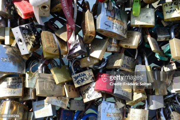 Locks hung by lovers on the Pont des Arts, in Paris on October 20, 2015 in Paris, France.
