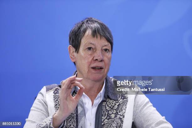 German Environment Minister Barbara Hendricks speaks during a press conference following the summit on diesel emissions with Mayors of the most...