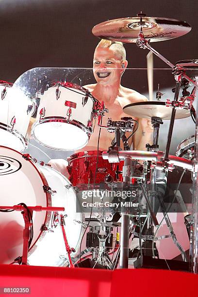 Drummer Adrian Young of the band No Doubt performs at the Cynthia Woods Mitchell Pavilion on May 31, 2009 in The Woodlands, Texas.