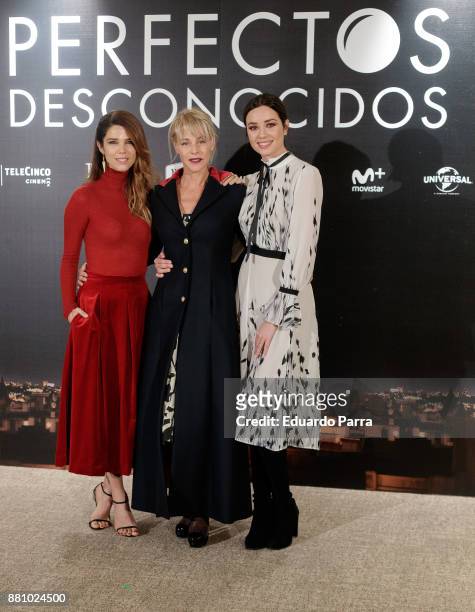 Actresses Juana Acosta, Belen Rueda and Dafne Fernandez attend 'Perfectos Desconocidos' photocall at the Hesperia Hotel on November 28, 2017 in...