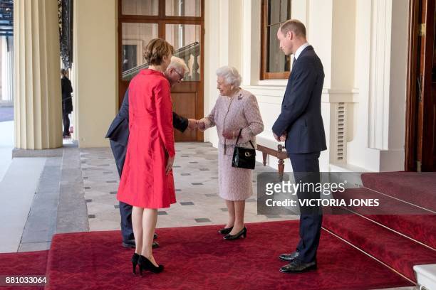Britain's Queen Elizabeth II and her grandson Britain's Prince William, Duke of Cambridge , greet Germany's President Frank-Walter Steinmeier and his...