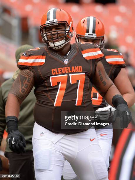 Offensive lineman Zach Banner of the Cleveland Browns walks onto the field prior to a game on November 19, 2017 against the Jacksonville Jaguars at...