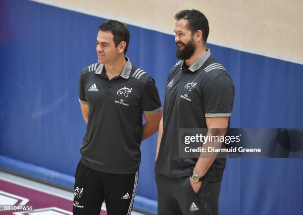 Limerick , Ireland - 28 November 2017; Munster head coach Johann van Graan, left, in conversation with Ireland defence coach Andy Farrell during...