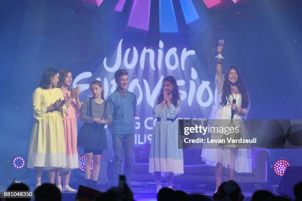 Polina Bogusevich of Russia on stage with a trophy of Junior Eurovision Song Contest 2017 at New Sports Palace on November 26, 2017 in Tbilisi,...