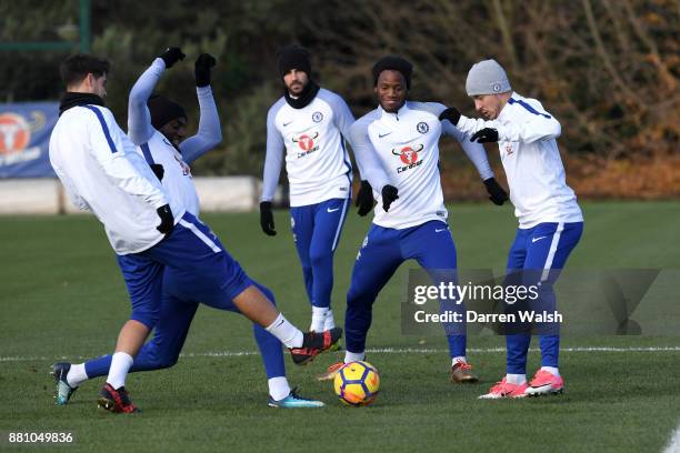 Alvaro Morata, Tiemoue Bakayoko, Michy Batshuayi and Eden Hazard of Chelsea during a training session at Chelsea Training Ground on November 28, 2017...