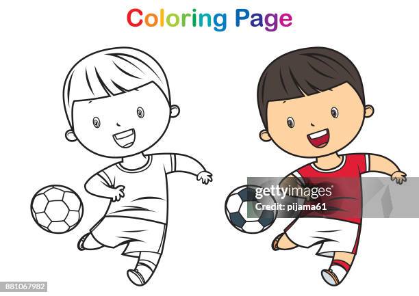 ilustrações, clipart, desenhos animados e ícones de livro de colorir: menino jogando futebol - funny football cartoons