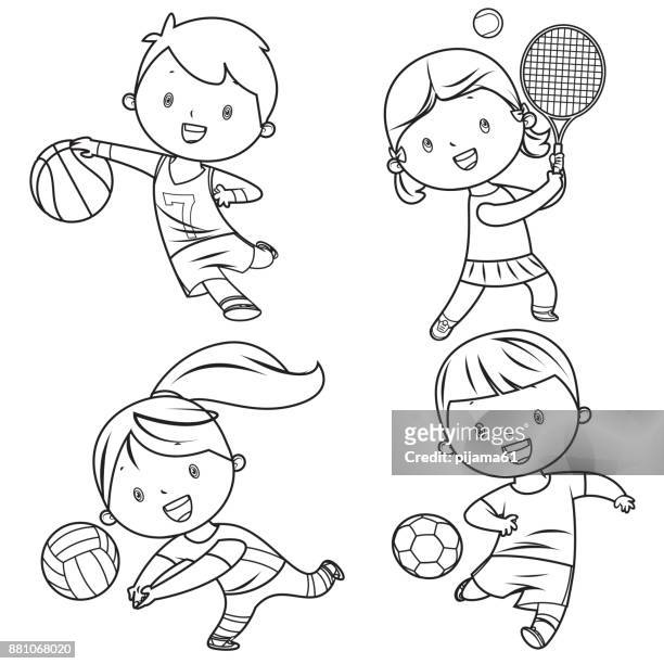 ilustraciones, imágenes clip art, dibujos animados e iconos de stock de dibujos animados los niños personajes deportes dibujo - american football sport