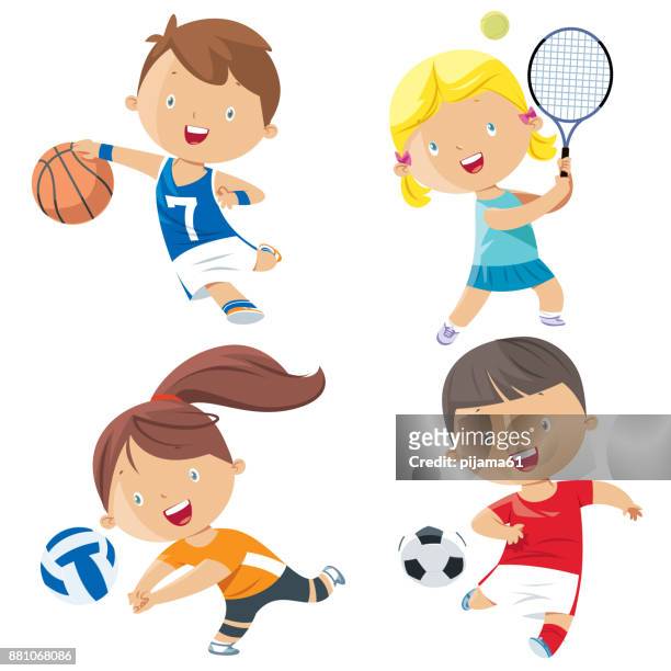 ilustraciones, imágenes clip art, dibujos animados e iconos de stock de dibujos animados personajes de deportes a los niños - deporte