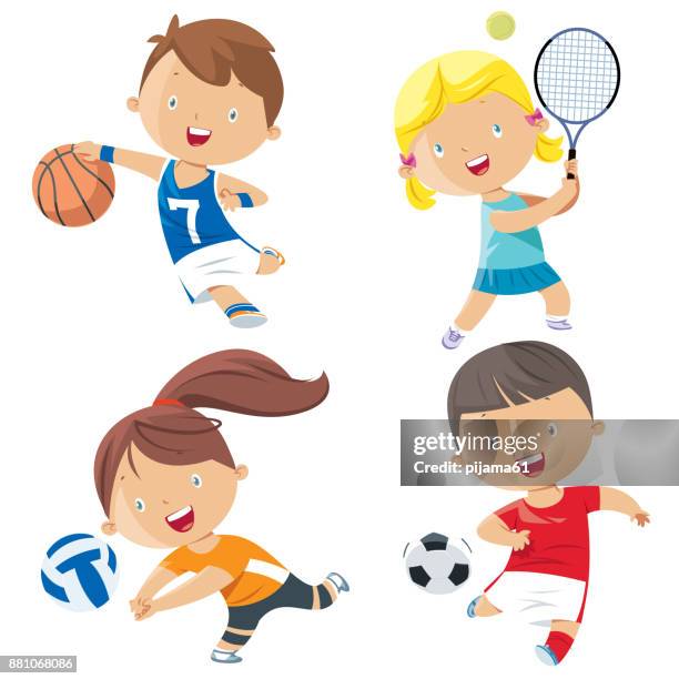 stockillustraties, clipart, cartoons en iconen met cartoon kids sport tekens - meisjes